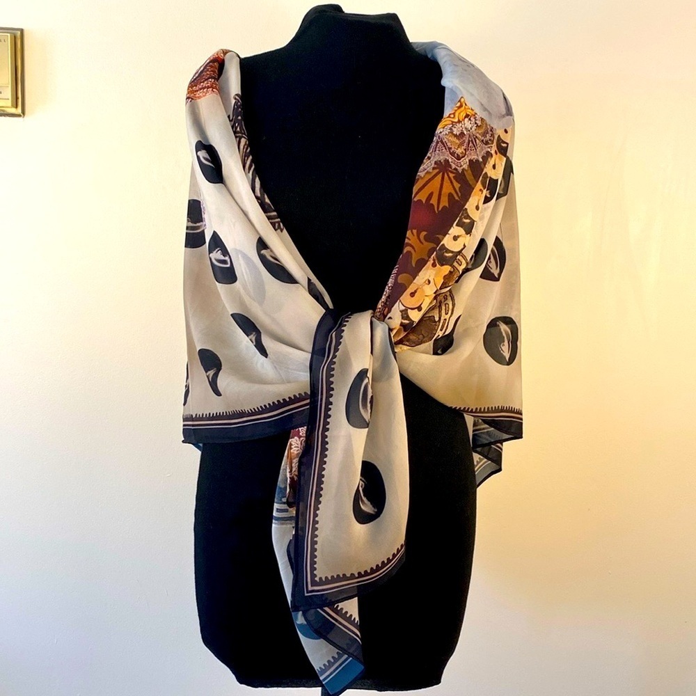Unique large scarf 4 ft.² rabbit crown coins clock cream red gold brown quirky